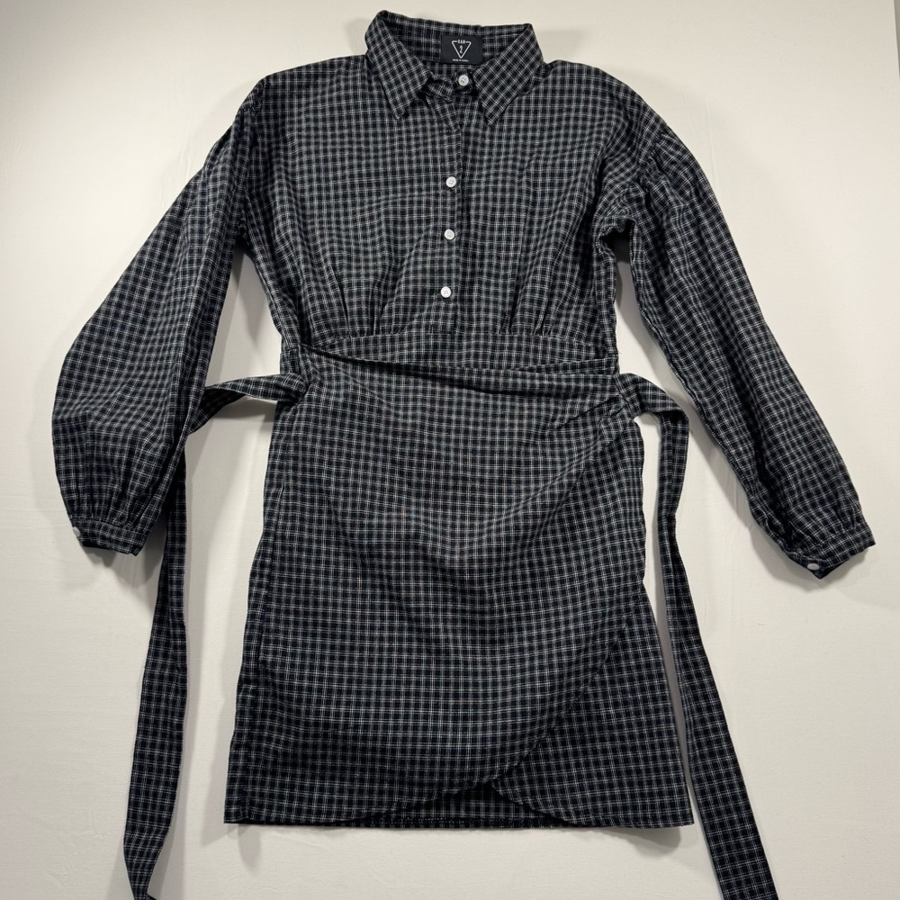 Ran Shirt Dress S Small Black White Plaid Cotton Korea Dark Academia Minimalist